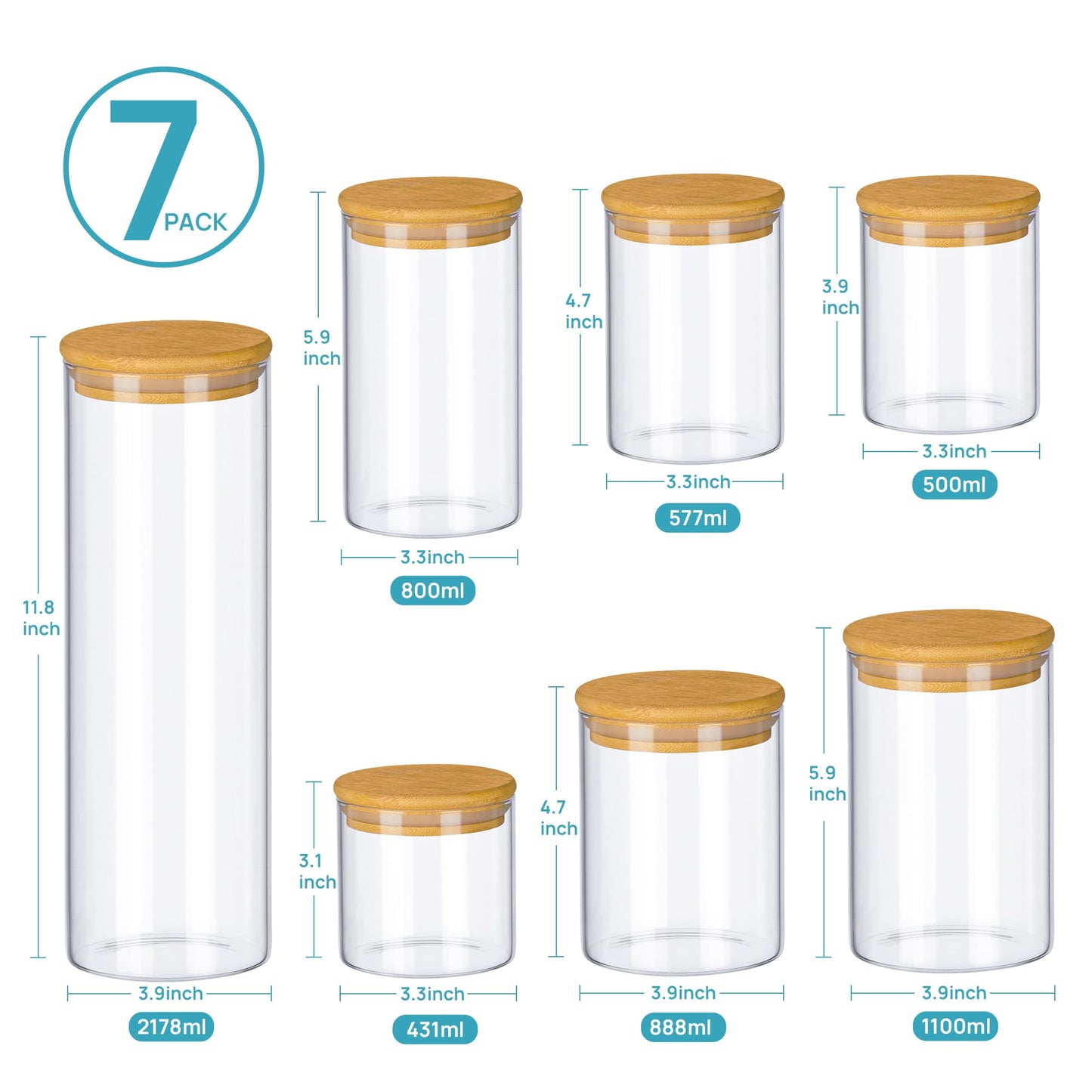 Vtopmart Glass Food Storage Jars, 7 Pack Kitchen Containers with Airtight Bamboo Wooden Lids for Pasta, Cookies, Nuts, Coffee Beans, Cereal, Canisters Set for Flour, Pantry Organization, BPA Free