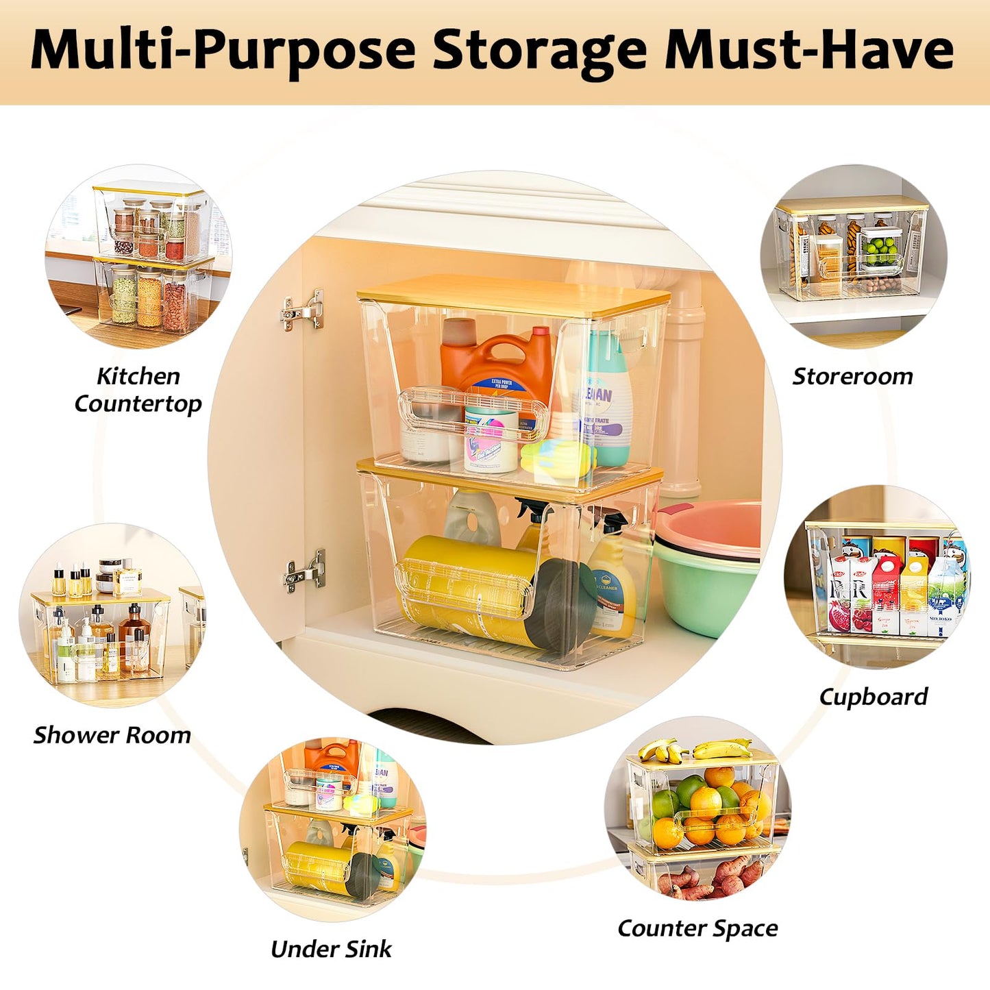 Delamu 3 Pack Pantry Organizers and Storage,Trash Bag Dispenser with Bamboo Top,Stackable Trash Bag Dispenser Under Sink Organizer for 4-30 GalBags,Onion,Potato,Fruits,Clear