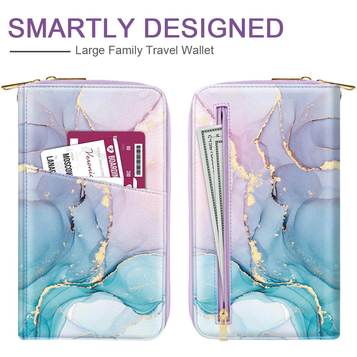 Simikol Family Passport Holder Wallet RFID Blocking Document Organizer PU Leather Mulit-purpose Travel Wallet Credit Cards Case for Women Men, Gradient Marble