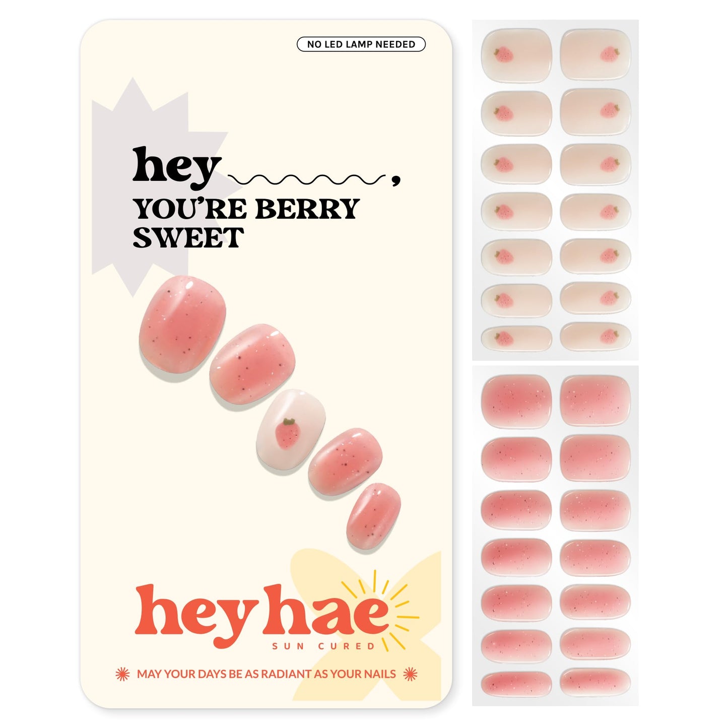 Heyhae Semi Cured Gel Nail Strips | No LED Lamp Needed | Glitter, Pink, Spring | Easy Apply & Remove, Salon Quality |Includes 28 Strips, 1 Prep Pads, Nail File & Wooden stick - Hey, You're Berry Sweet