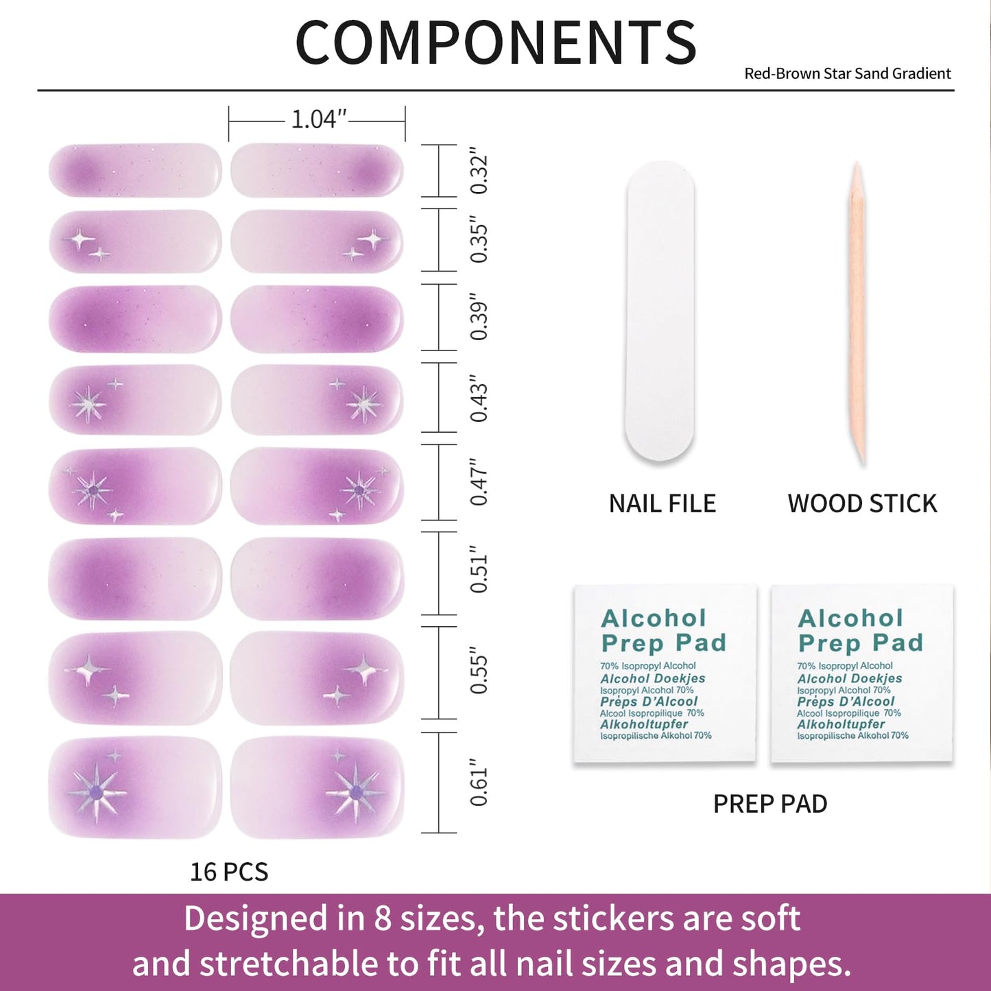Semi Cured Gel Nail Strips -Taro Gradient Star - Stylish Nail Wraps, No UV Light Needed, Effortless Application & Removal, Salon Quality, Includes 16 Wraps, 1 Prep Pad, Wooden Stick & Nail File