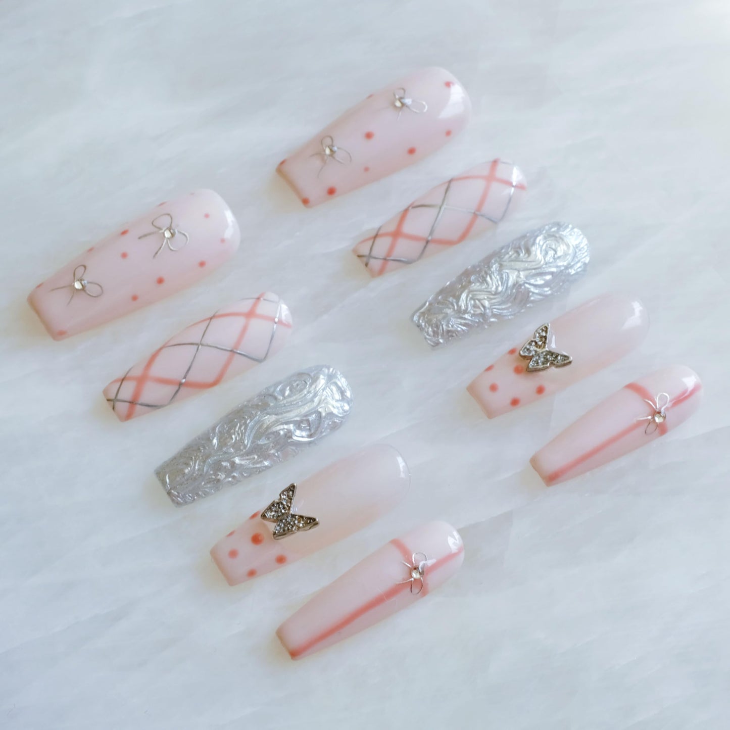 GLORS Press-on Nails, Long Ballerina Style, Pink with 3D Silver Butterfly and Bow Design, Handmade False Nail 10 Pieces (Small, LB)