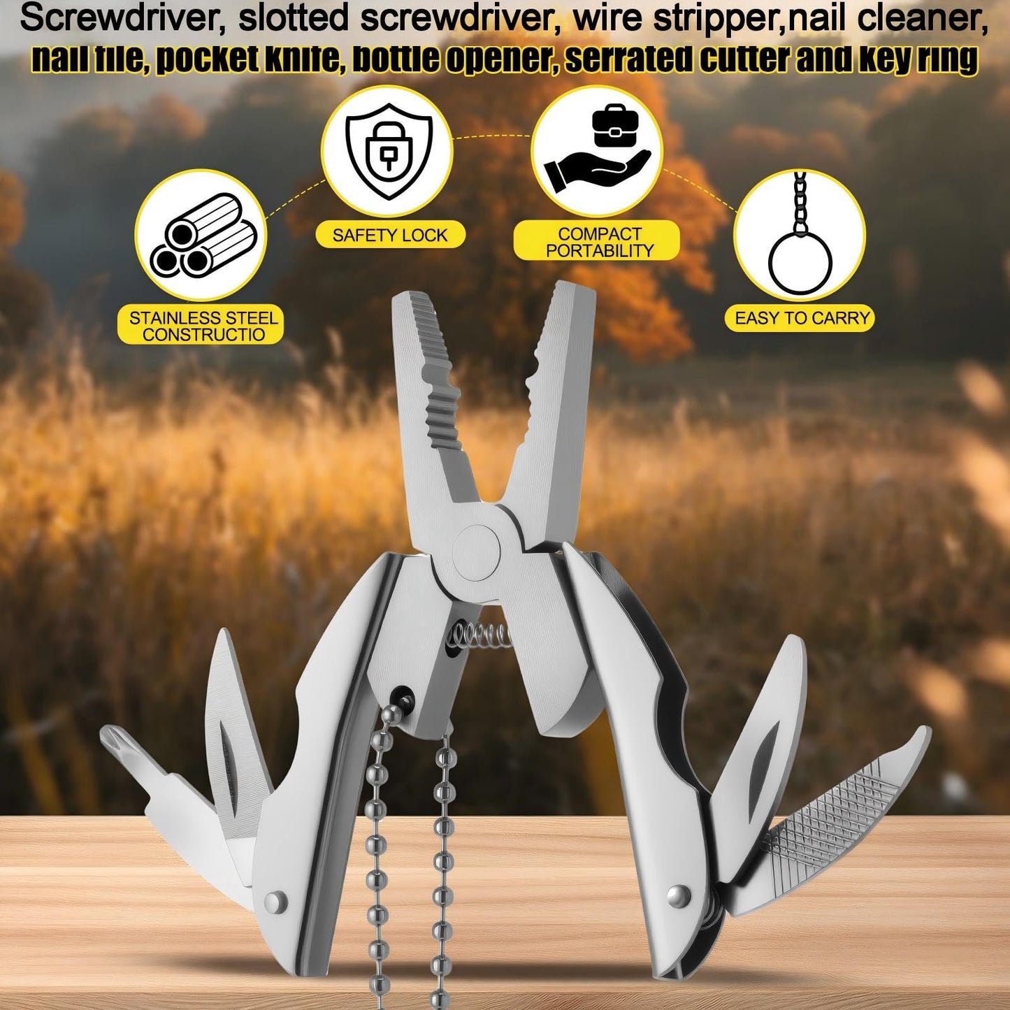 Leriton 12 Pcs Christmas Men Gifts Mini Pliers Bulk Stainless Steel Foldable Wrench Tool Party Favor Set Compact 6 in 1 Multipurpose Pliers Wrench with Sheath Tool Kit for Stocking Stuffers