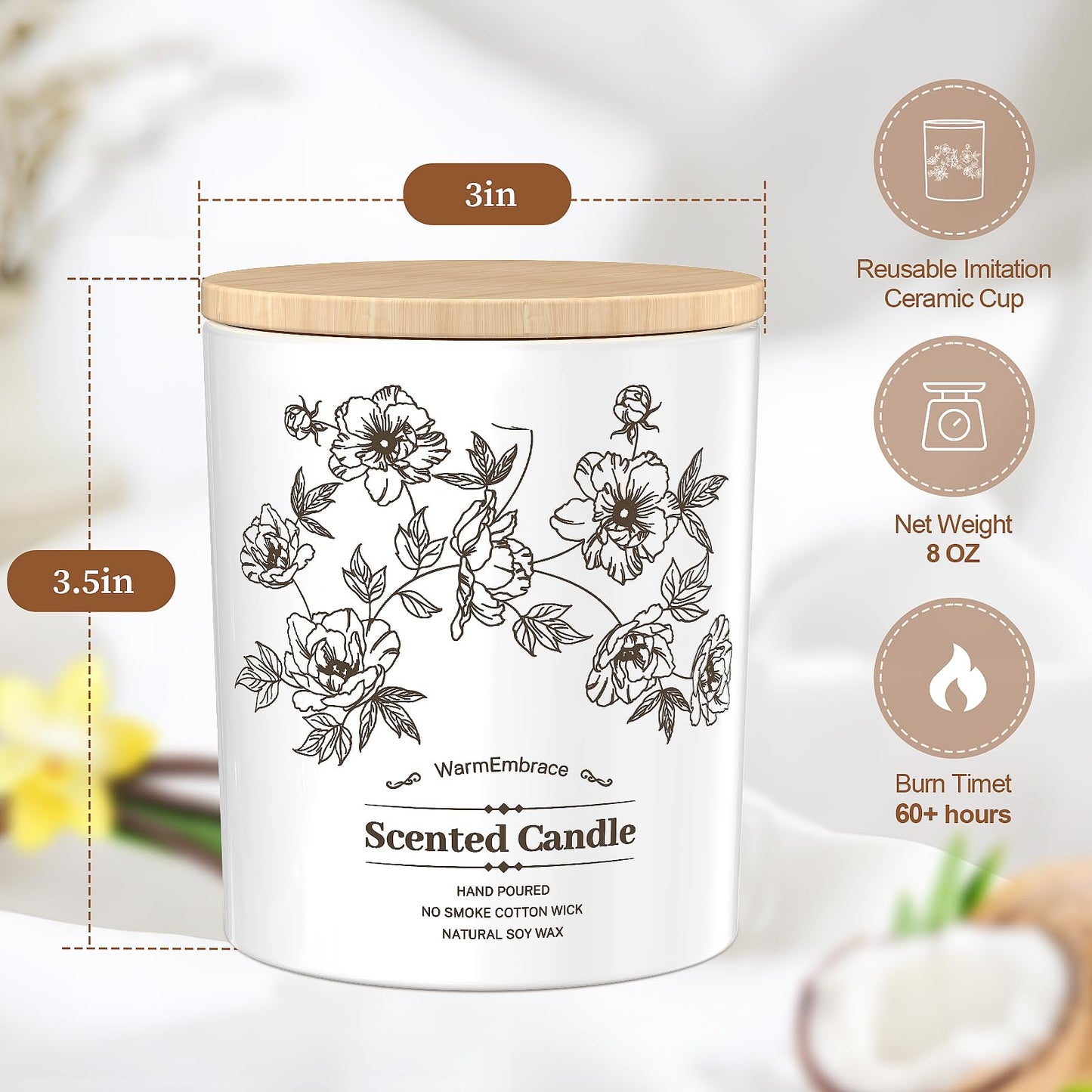 Deluxe Scented Candle for Women & Men, Vanilla Coconut Soy Wax Candle, 8 Oz Jar Candle for Home, Scented-60 Hours Long Lasting Burning, Suitable Gift for Mom