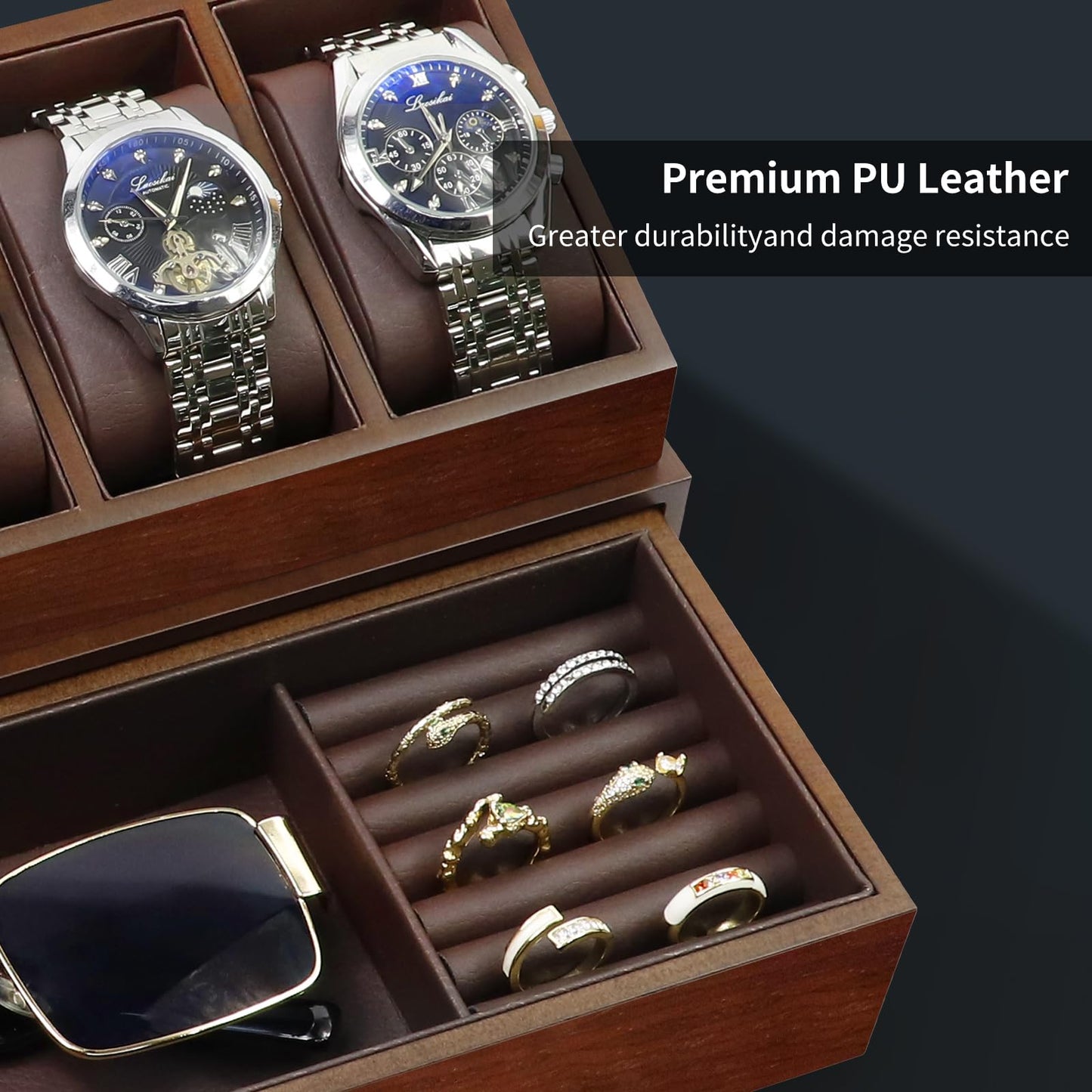 KAMIER High End Wooden Watch Box with 6 Slots & Glass Lid - 2-Layer Jewelry Organizer for Men - Watch Display Case, Ideal Business Gift for Watch Enthusiasts （with Gift Box）, Walnut