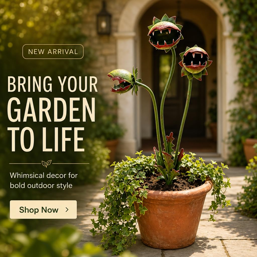 Bluethy Whimsical Metal Carnivorous Plant Garden Stake, Large 25-Inch Monster Venus Flytrap Plant Sculpture, Sturdy Yard Art for Patios, Flower Beds & Planters, a Quirky Unique Garden Gift (A)