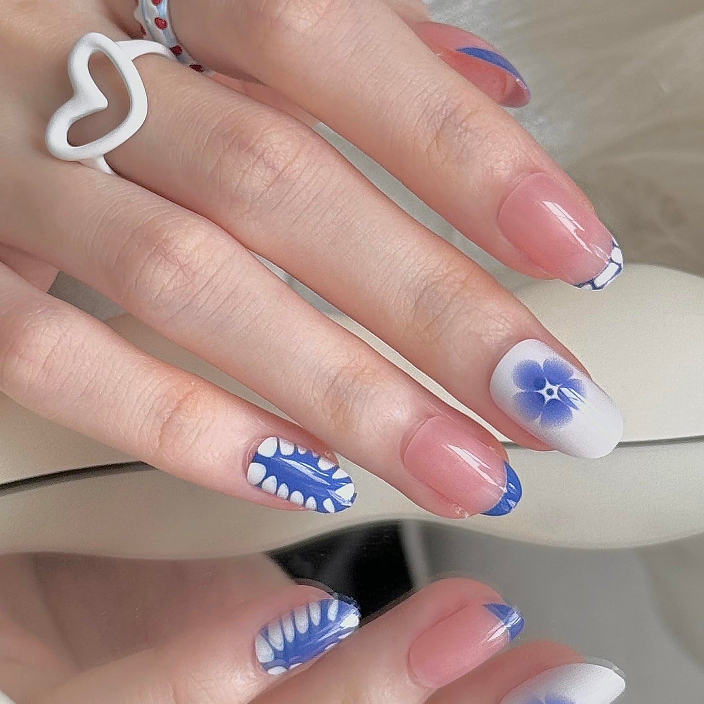 24 Pcs French Tips Almond Cute Press on Nails - Blue, Preppy, Handmade Flowers Designs - Short Round Nails