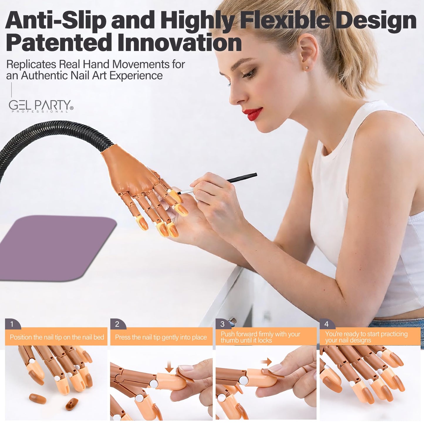 GELPARTY Flexible Nail Practice Hand with Table Clamp – Professional Manicure Training Hand for Acrylic & Gel Nails – Includes 100pcs Replacement Brown Tips, Adjustable & Reusable (Basic Hand Set B)