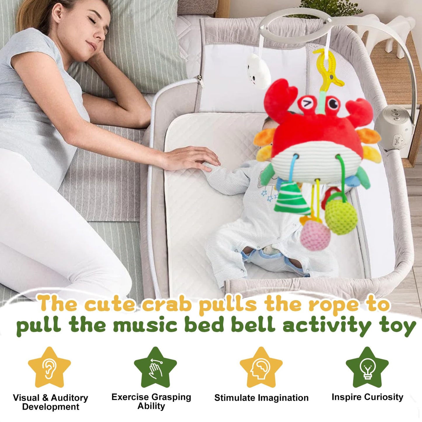 ElapseGlow Crab Baby Toy - Clip-On Hanging Sensory Toy for Car Seat, Stroller, Gym with Squeaker, Crinkle, Rattle, Mirror & Teether | Soft Plush 18 Months Infant Developmental Toy for Tummy Time (Red)