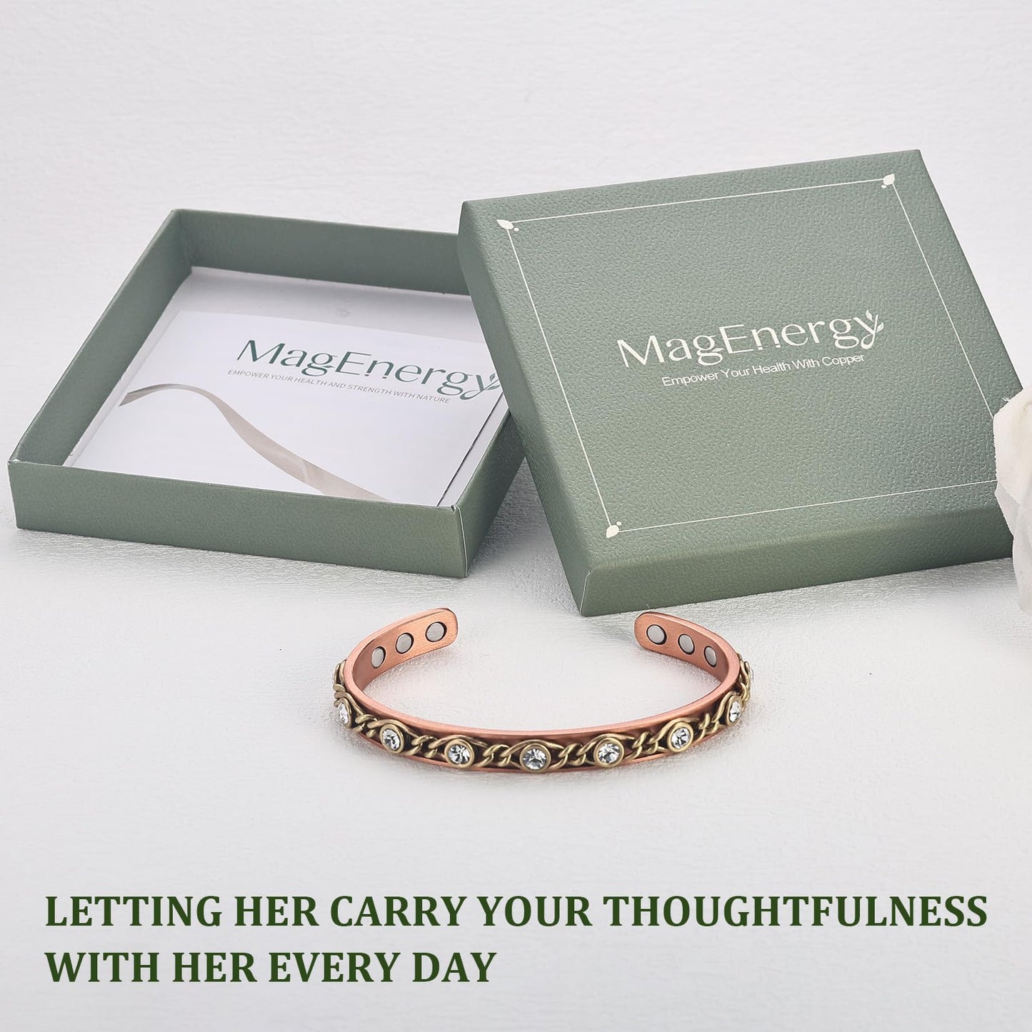 MagEnergy Handmade Copper Bracelet with Braided Twisted Wire & White CZ Stones, Copper Magnetic Cuff for Women, Adjustable Bangle & Wellness Jewelry Gift（Copper&White）