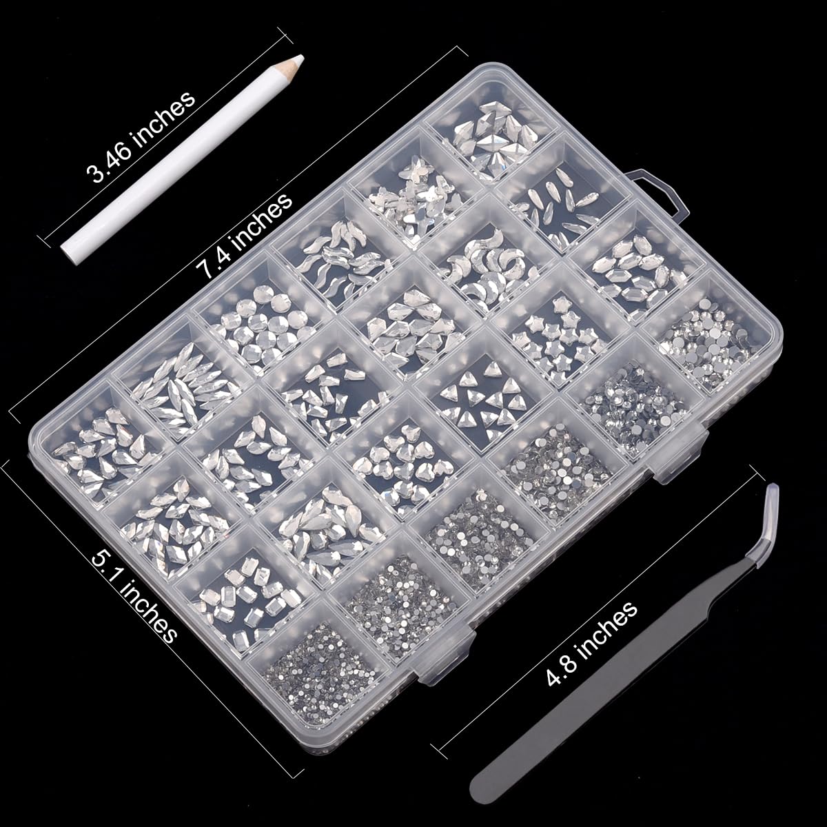 TEEKME 24-Grid Glass Nail Rhinestones Kit for Nail Art & Salon, 2800+pcs Clear Flat Back Crystals, 18 Shapes & 6 Sizes Diamonds for DIY, Acrylic & Gel Nails, with Tweezers