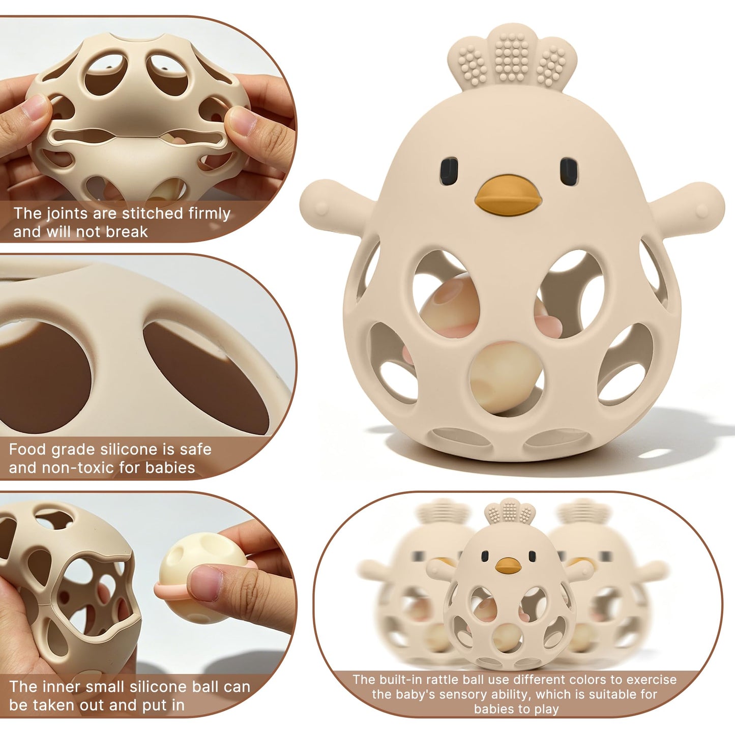Tinabless 2-in-1 Baby Teether Rattle Toy, Easy Grip Silicone Teething Toy for Babies 3-12 Months, BPA-Free Sensory Chew Toy for Sore Gums, Infant Shower Gift (Beige w/Rattle)
