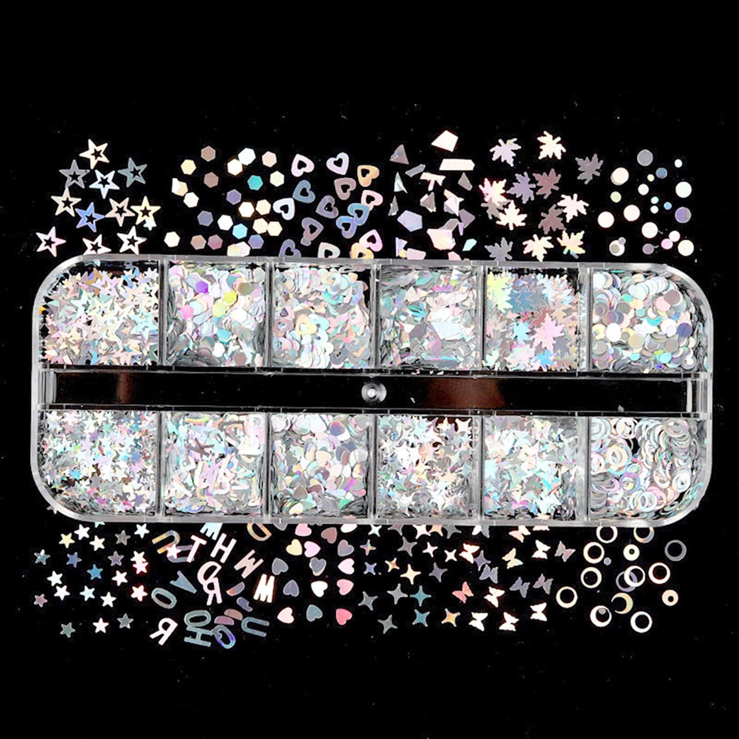 Vezocim Silver Glitter Nail Flakes Holographic 3D Glitters Sequins Decorations, Heart Circle Letters Butterfly Design Supplies DIY Sparkly Resin Nail Art Tips
