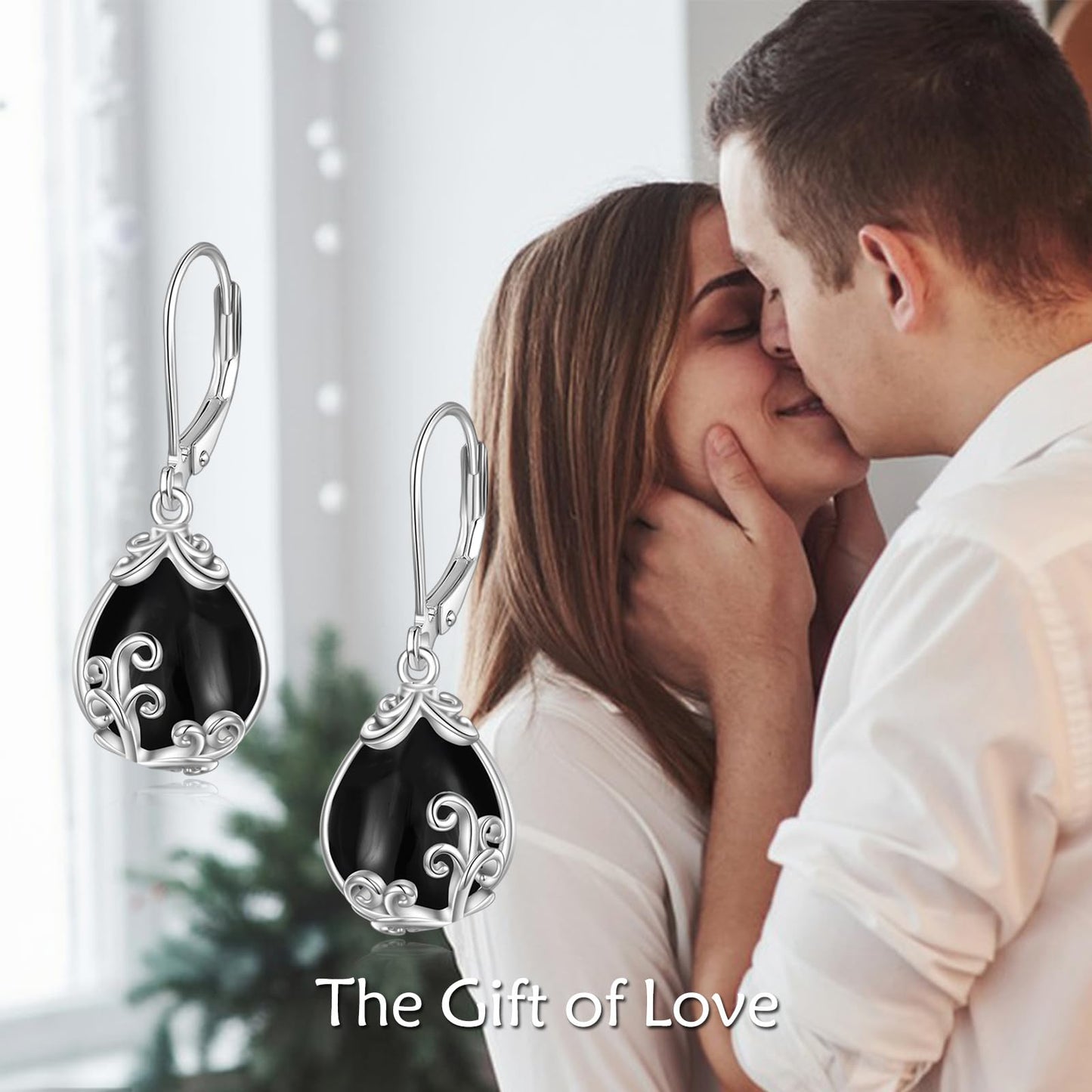 POPLYKE Black Tourmaline Filigree Teardrop Drop Dangle Earrings Sterling Silver Crystal Leverback Earrings Jewelry for Women