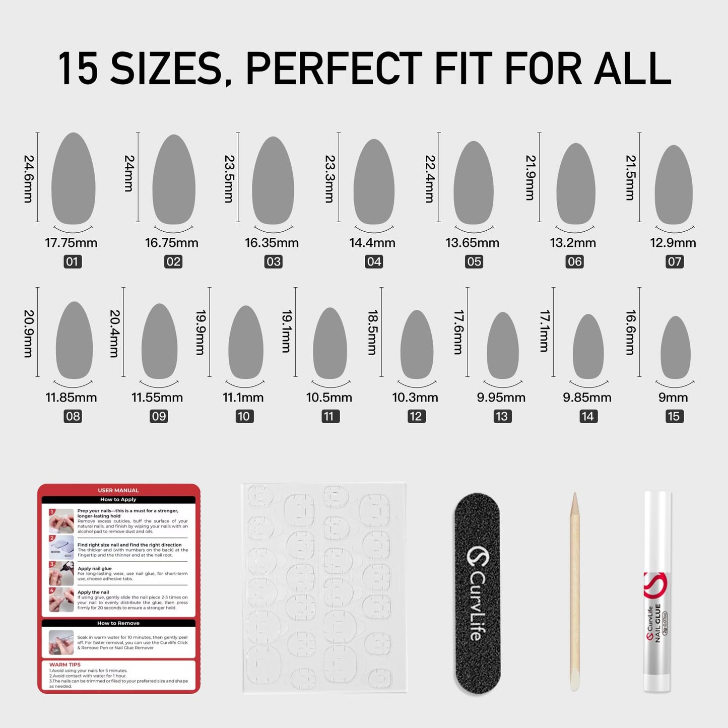 Curvlife Medium Press On Nails Kit - Full Cover False Almond Press on Nail Tips with Golden Line and Leaf Designs, Reusable & Glue Included - Easy Application Nail Accessories for Women