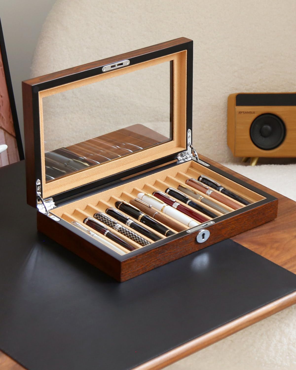 Besforu 12-Slot Fountain Pen Collector Case – Lockable Wooden Organizer with Glass Display Top, Premium Storage Box for Writing Instruments and Gift for Men