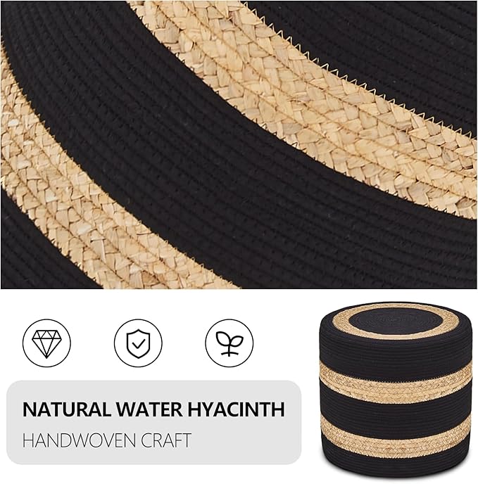 Wimarsbon 18'' Ottoman Pouf, Natural Braided Poof, Rustic Handweave Lounge Pouffe, Boho Footrest Stool for Bedroom, Accent Table or Seat for Living Room (Natural Water Hyacinth + Black Cotton Rope)