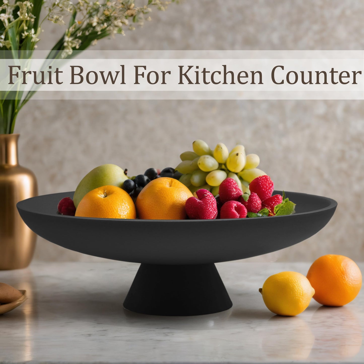 LIN CHUAN Large Decorative Bowl, Modern Resin Pedestal Bowl for Home Decor, Stylish Fruit Bowl for Kitchen Counter, Chic Key Holder for Entry Table, Matte Black