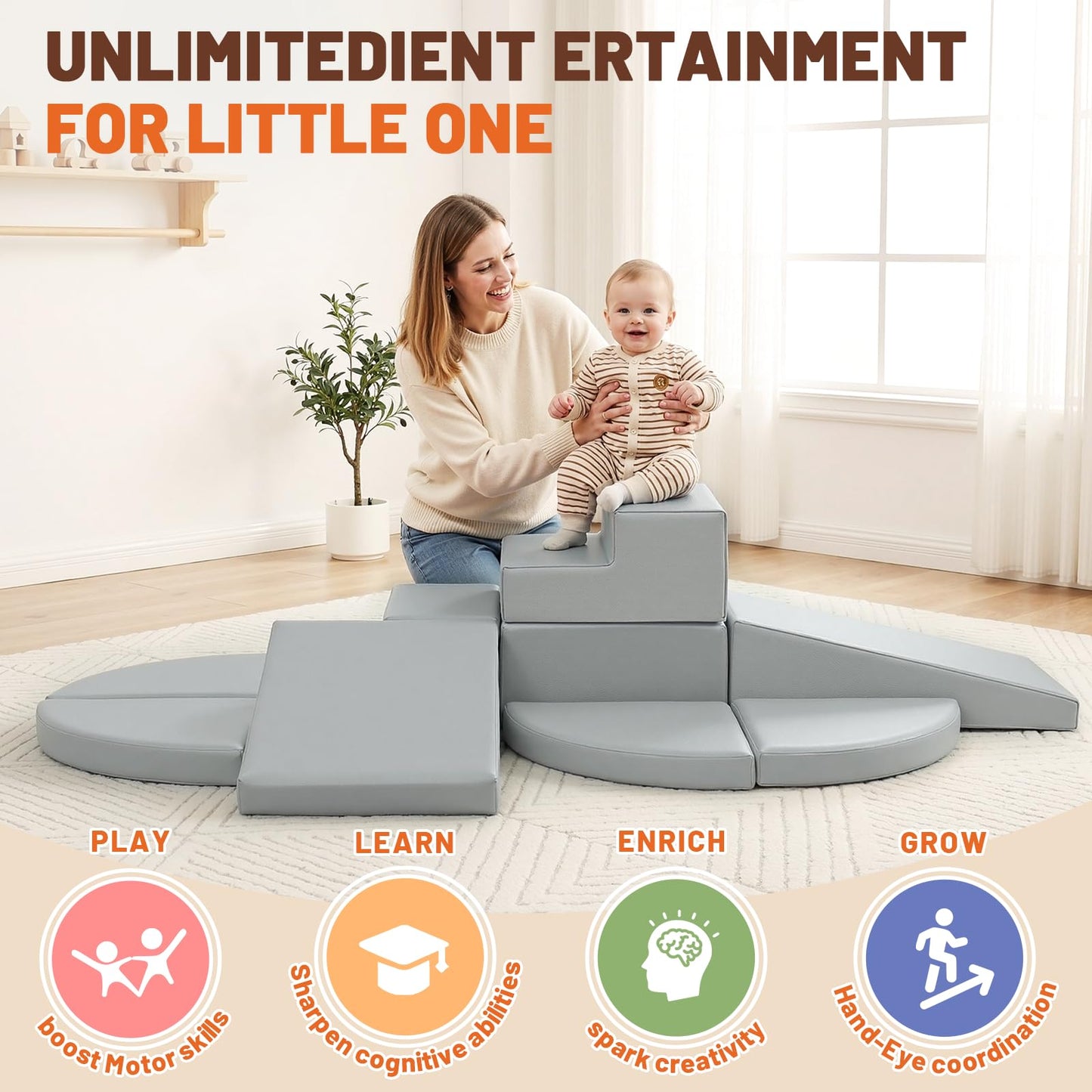 TODIBY 9-Piece Climbing Toys for Toddlers: Soft PU Leather Foam Blocks - Baby Climb and Crawl Activity Blocks - Kids Play Gym Equipment Indoor for Development(Grey)