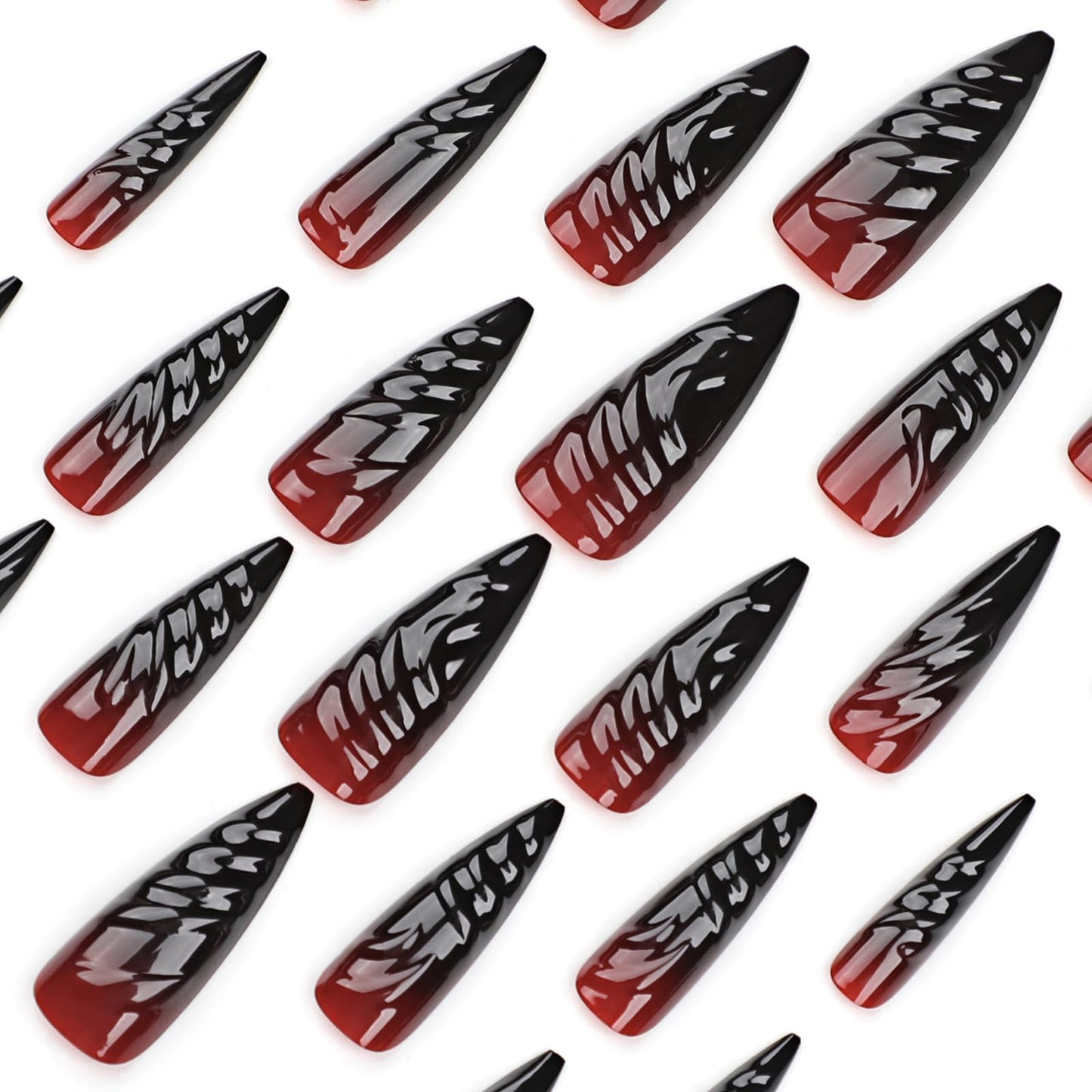 MISUD Press on Nails - Long Stiletto Glue on Nails with Goth Red Black, Acrylic Gothic Vampire Design 24 pcs