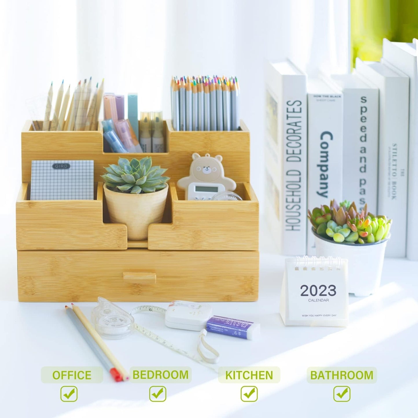Charmlife Bamboo Desk Organizer - Makeup & Pen Storage with Drawer & Pencil Holder for Office Organization