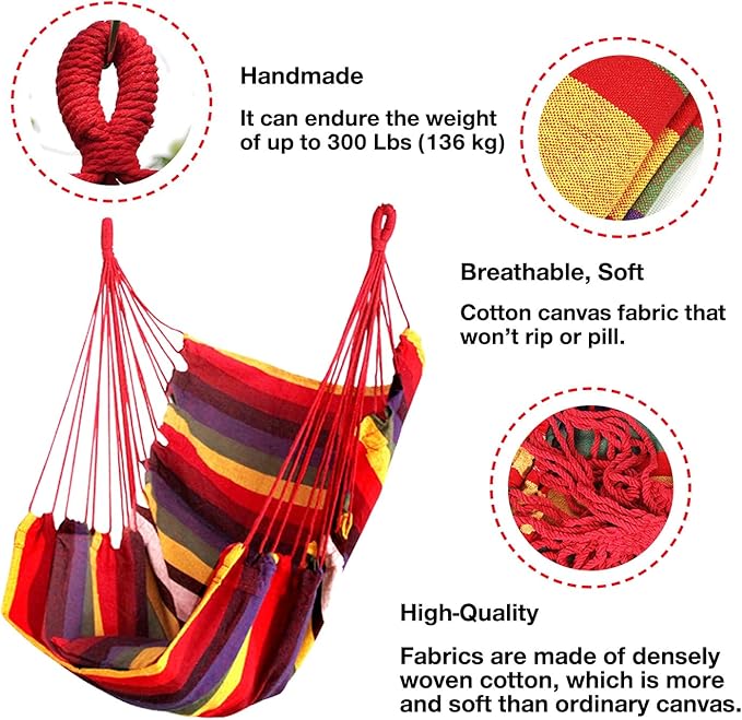 Hommtina Hammock Chair Hanging Rope Swing, Max 300 Lbs Hanging Chair with Pocket & Durability Perfect for Outdoor, Home, Bedroom, Patio, Yard (Pillows NOT Included,Colorful)