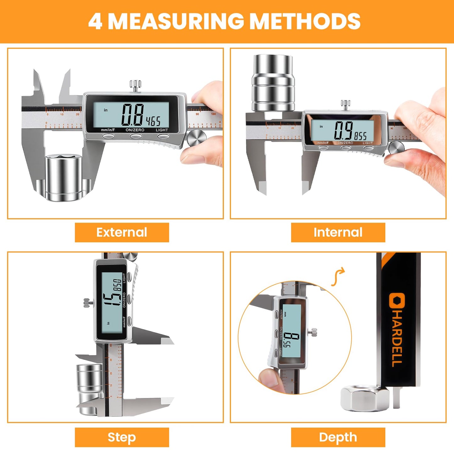 HARDELL Digital Caliper, Rechargeable Caliper Measuring Tool with Backlight LCD Screen, All Metal Calipers, Auto-Off Digital Micrometer, Inch/MM/Fraction for Household/3D-Printing-Rechargeable 6 Inch