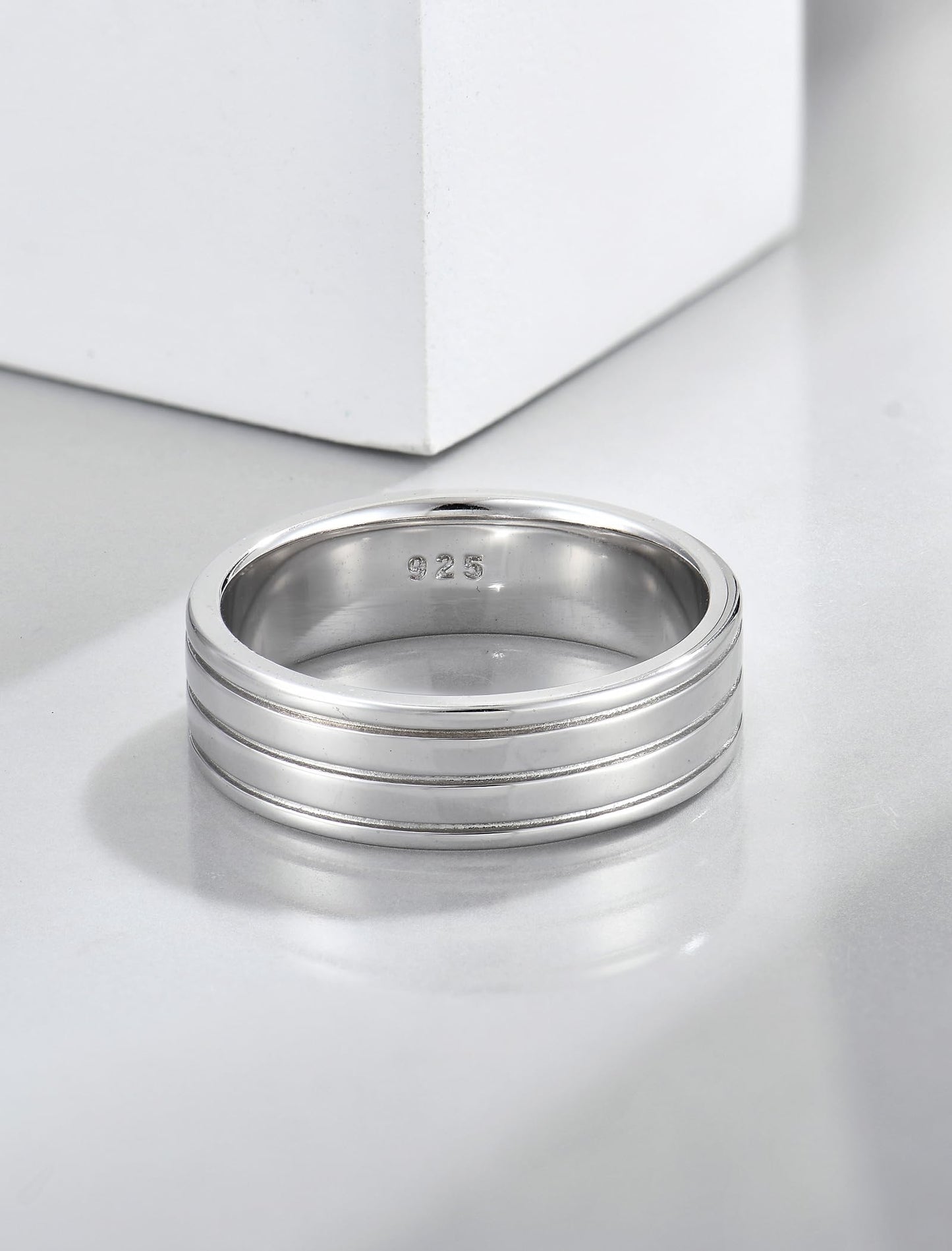 STARCHENIE 925 Sterling Silver Wedding Band Ring for Men, 6mm Striped Comfort Fit, Size 8