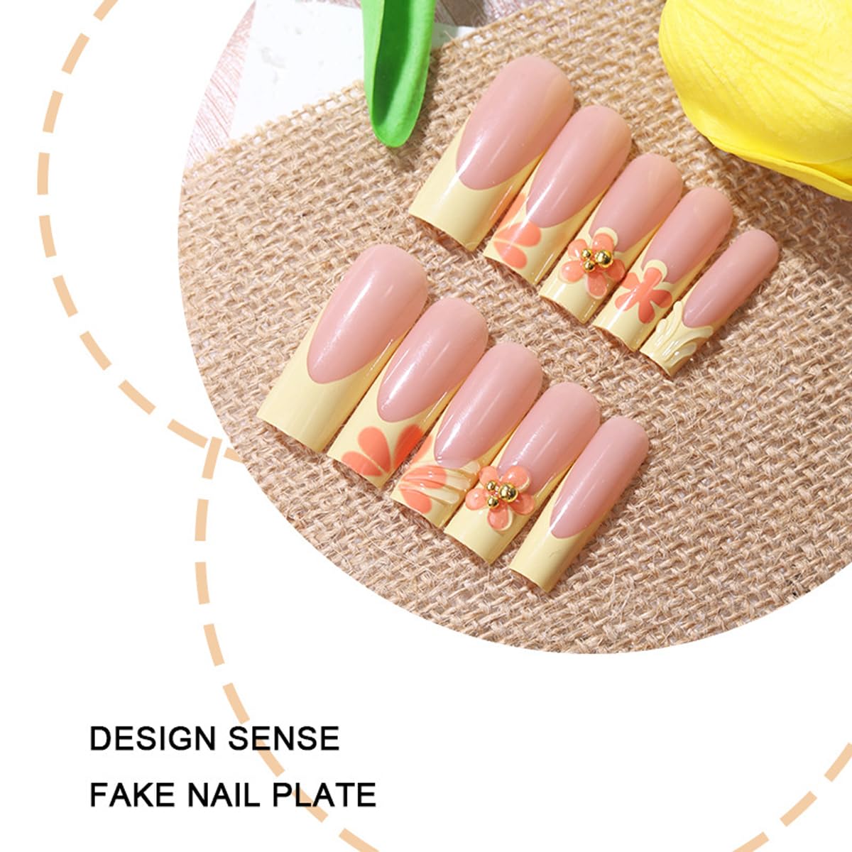 Yellow French Tip Press on Nails Long Square Nails Press ons with Flower & 3D Gold Pearl Design Nude Summer Fake Nails Full Cover Glossy Stick on Nails for Women 24Pcs