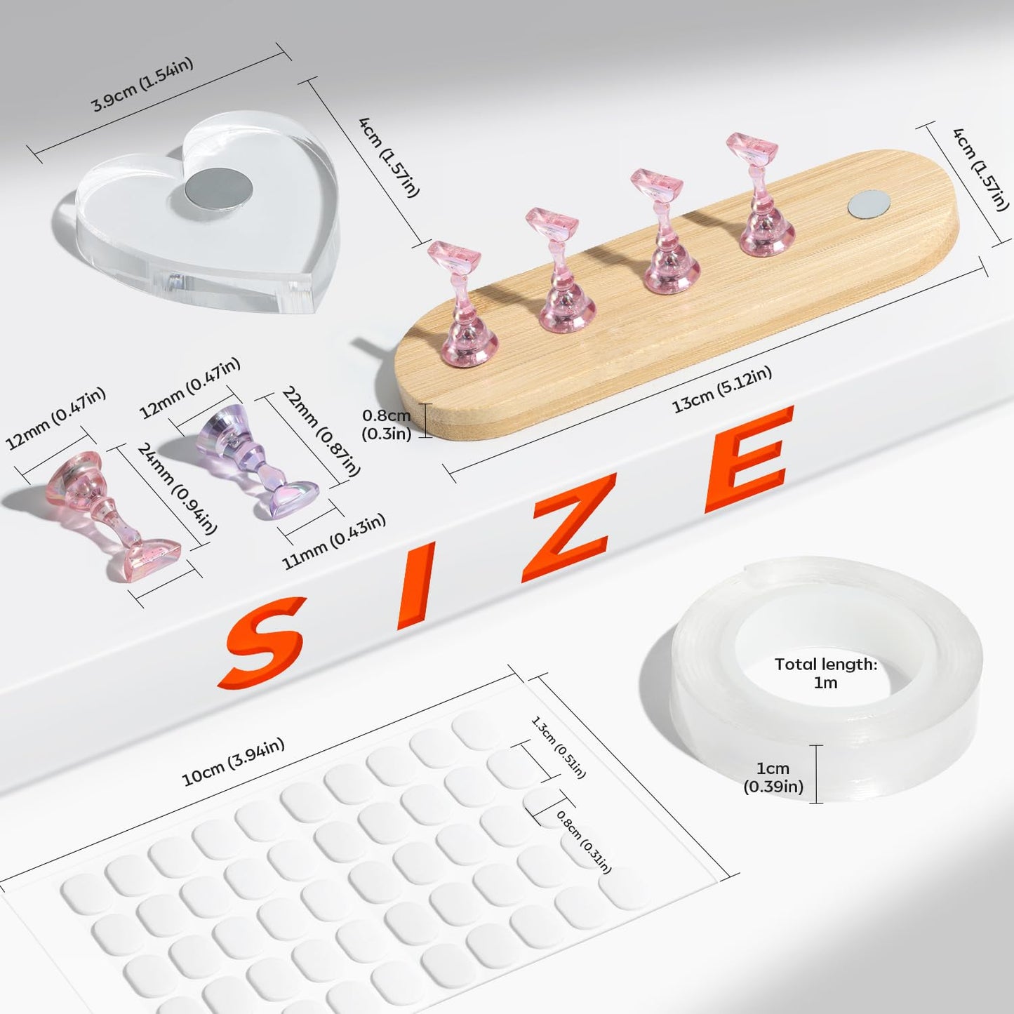 Modelones Nail Stand Set, Magnetic Press On Nails Holders Wider & Heart Display Base Standard Pinky Nail Stands for False Nail Tips Practice Painting 100PCS Adhesive Tabs Double-sided Tape Nail Art