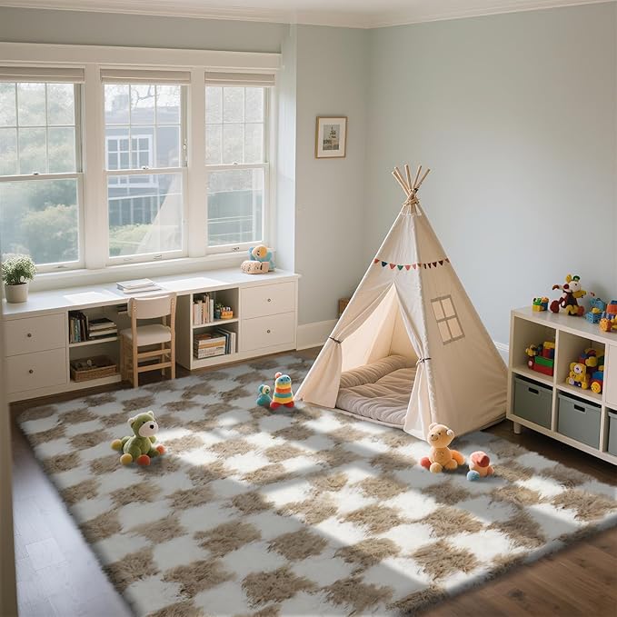 Checkered Area Rugs for Living Room 8x10, Fluffy Beige and White Checkered Rug Fuzzy Shag Shaggy Carpets for Bedroom, Soft Plush Furry Rug for Boy Girls Room Dorm Home Decor