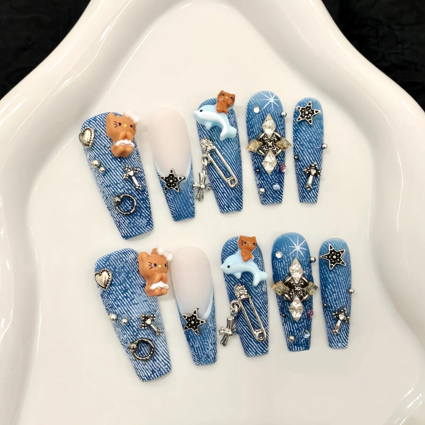 LOHAS Home 3D Carved & Painted Handcrafted Cute Wearable Nails Reusable Long Press-on Nails, Distressed Denim, M