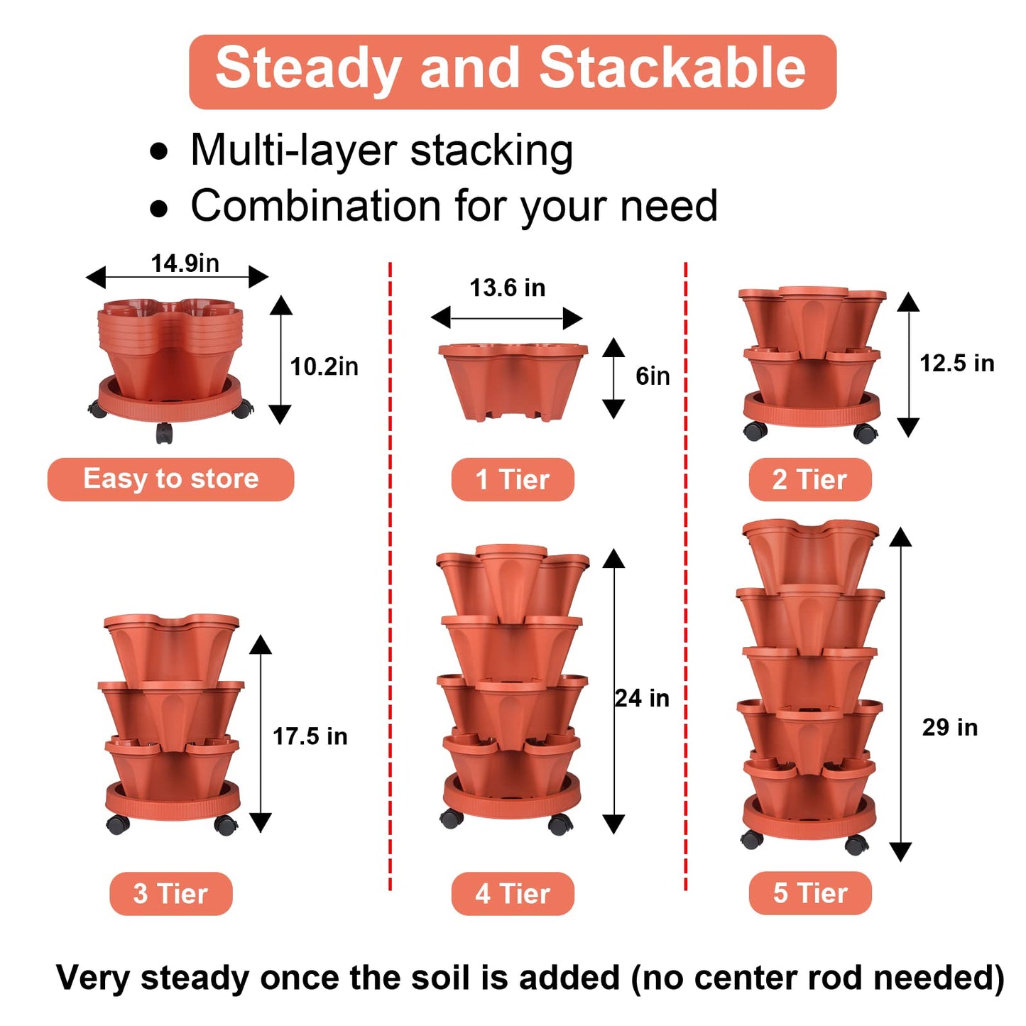 GameXcel Vertical Planter Tower - 5 Tier Stackable Garden Planters with Wheels and Tools Plant Pots for Strawberry Herb Flower and Vegetable Indoor Outdoor Use Red
