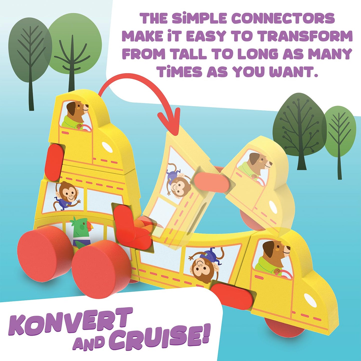 MindWare Konvertibles Transforming Wooden Cars – 2‑Piece Flip‑&‑Change Vehicle Set with Carry‑Along Box That Becomes 3‑D Road Scene, Toddler Toy for Ages 18 Months +