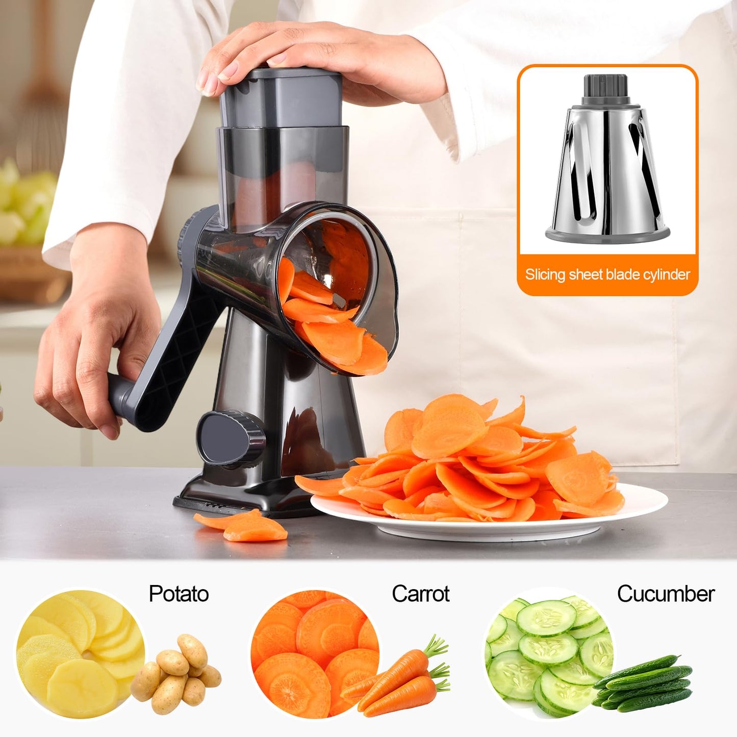 LIOZERIA Rotary Cheese Grater Hand Crank with Suction Base | 3-in-1 Safe Shredder for Cheese, Vegetables & Nuts, Easy to Clean