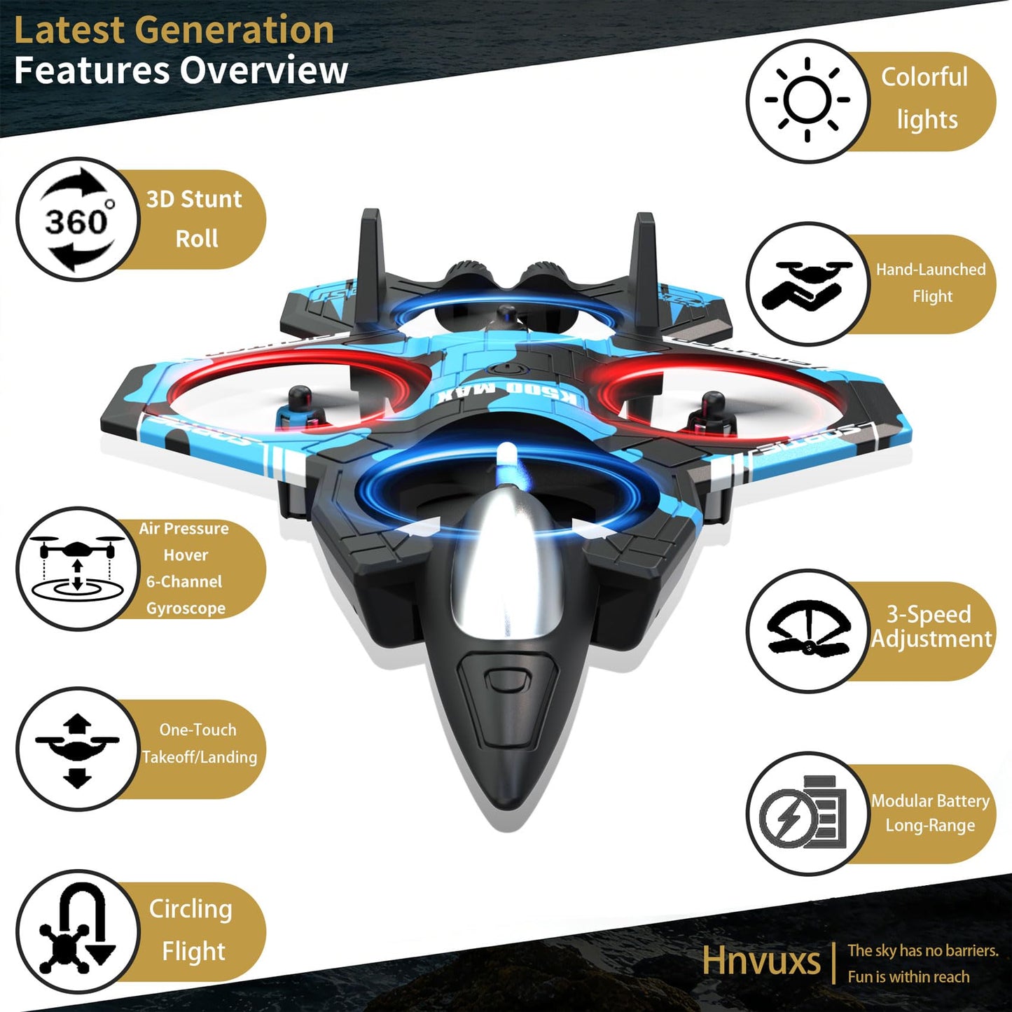 Hnvuxs Fighter Mini RC Airplane for Kids - Hand Launch Stunt Drone with Auto Hover, 3D Flips & Easy Joystick Control, 3 Speeds, Propeller Guards, Indoor Outdoor Toy Gift for Beginners