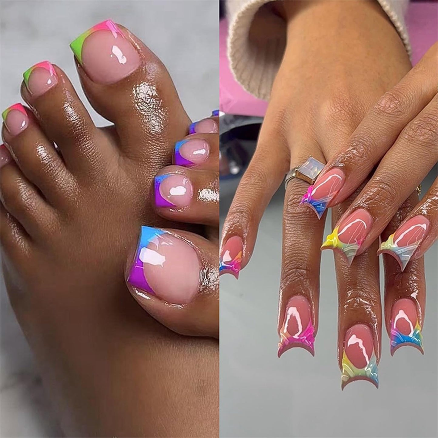 IMRAIN 48Pcs Press on Toe Nails Short Fake Toenails & Medium Duck False Nails with Colorful French Tip Design Glossy Glue on Toe Nails Summer Acrylic Manicure Toenail Press on Nails