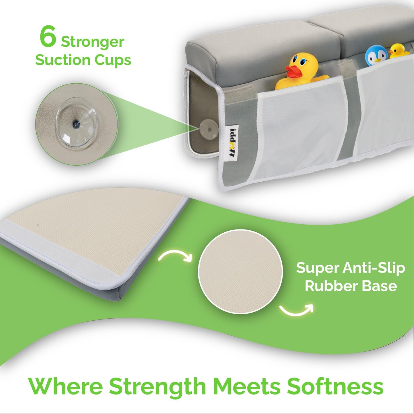 Wobbi Baby Bath Kneeler and Elbow Rest Pad Set - 1.5" Thick Memory Foam Knee Pad for Bathing Babies - 6 Suction Cups Non Slip Bath Kneeling pad with Toy Storage - Foldable & Quick Drying-Grey