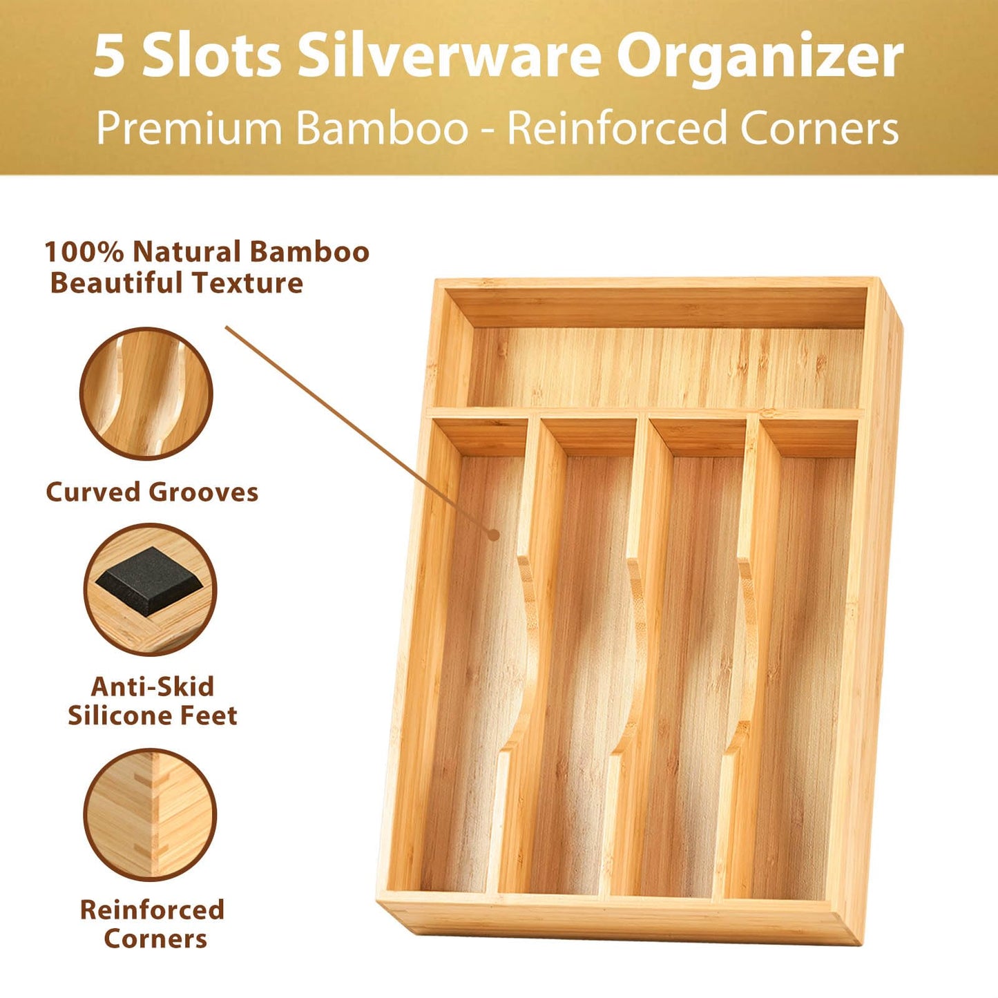 Umilife Bamboo Kitchen Drawer Organizer, 8.25 Inch Silverware Utensils Tray Holder for Small Drawer, Wood Caddy for Flatware Cutlery Knives
