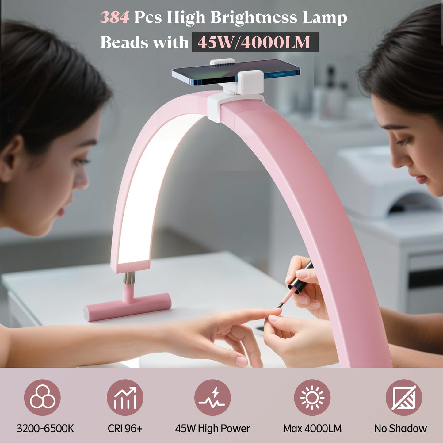 Mznoo Half Moon Light for Nail Desk, 30'' Large Half Moon Desk Lamp with Phone Holder, Professional Nail Tech Light with 3 Color Modes and 5 Brightness for Manicure Salon and Handicraft (Pink)