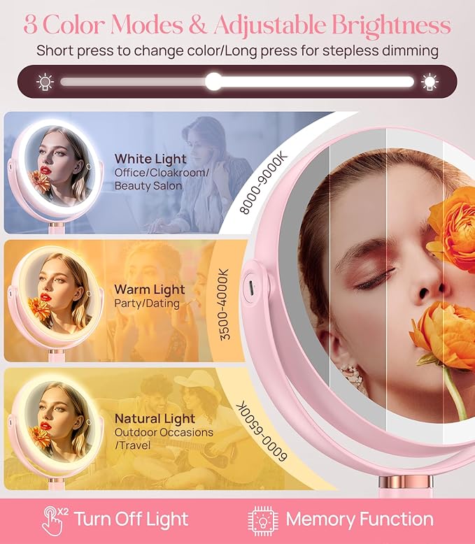 Gospire 20X Magnifying Vanity Mirror with Lights - Height Adjustable Lighted Makeup Mirror with Magnification, 4000mAh Rechargeable Battery, 3 Colored Dimmable Light for Desk Home Travel, Pink