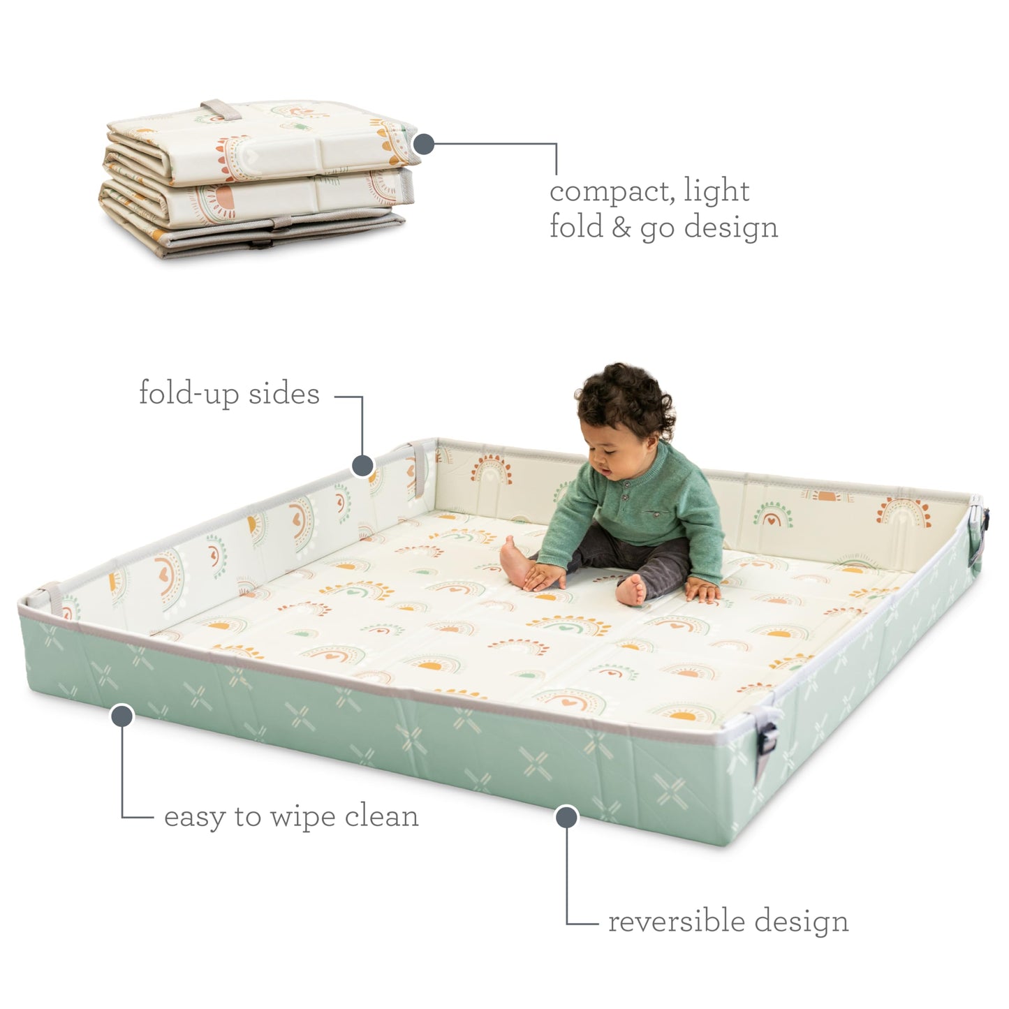 Infantino Foldable Soft Foam Play Mat, 57" Baby Mat for Floor Time, Lightweight, Easy to Store, Wipeable, Rainbows