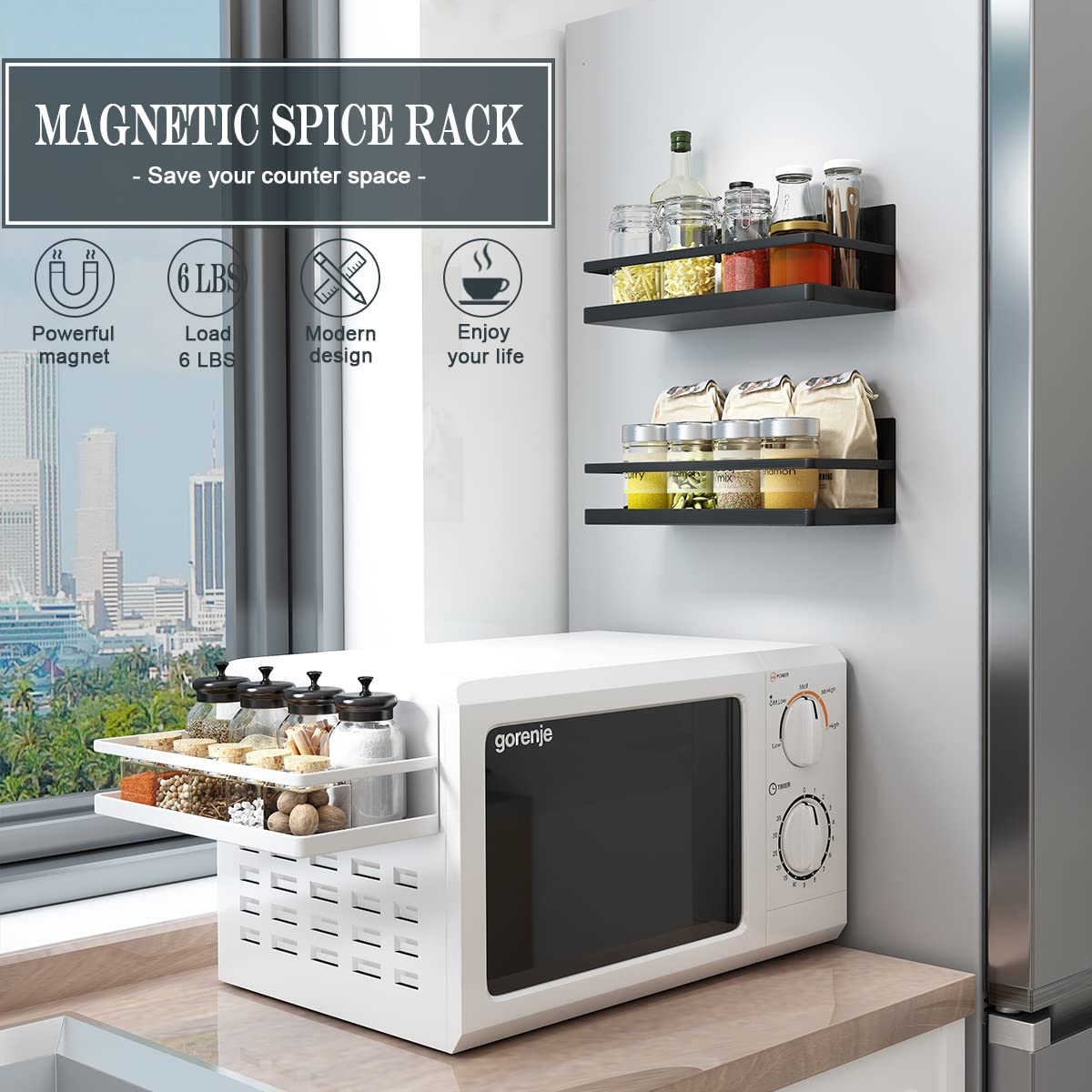Hoopoton 2 Pack Magnetic Spice Rack, Easy to Install on The Side of Refrigerator/Space Saving Kitchen Organization Shelf Organizer for Cabinet