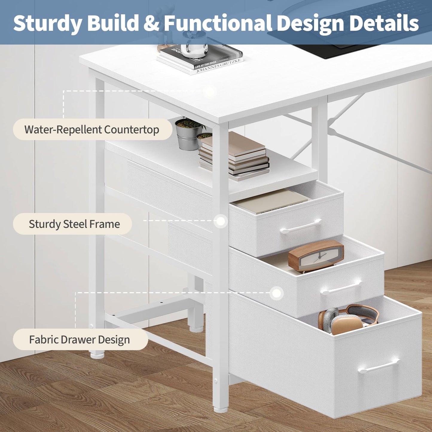 DUMOS Computer Desk with Storage, Small Home Office Desk with 3 Fabric Drawers & Side Pocket, Space Saving Writing Desk for Apartment, Dorm, Gaming Workstation, 39" White