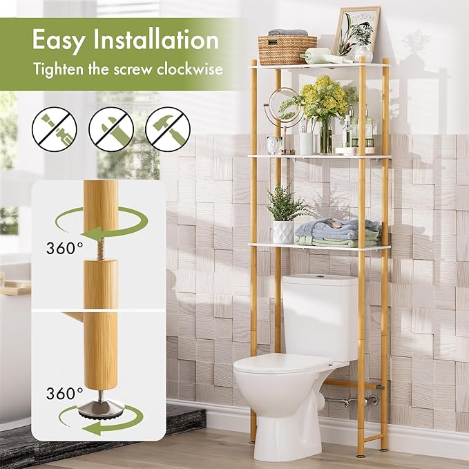 AmazerBath Bamboo Over The Toilet Storage Shelf, Bathroom Storage Organizer Rack, 3-Tier Bathroom Shelves Space Saver, White and Natural Color