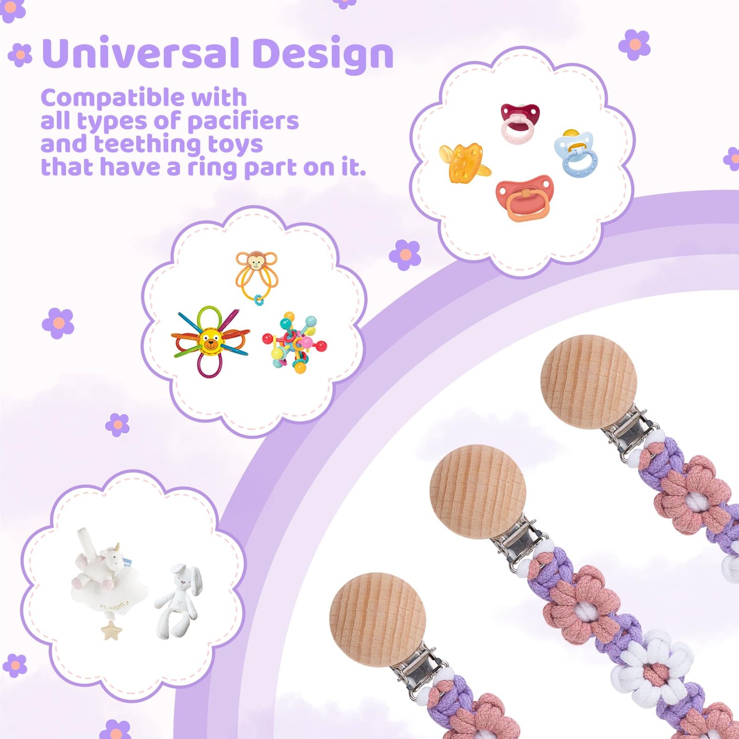 Symbolife Pacifier Clip for Boys Girls Floral Daisy Macrame Baby Paci Clip Pacifier Holder Leash Boho Wooden Clips Handmade Braided Cotton Binky Clips (2pack:Lavender Style × 2)
