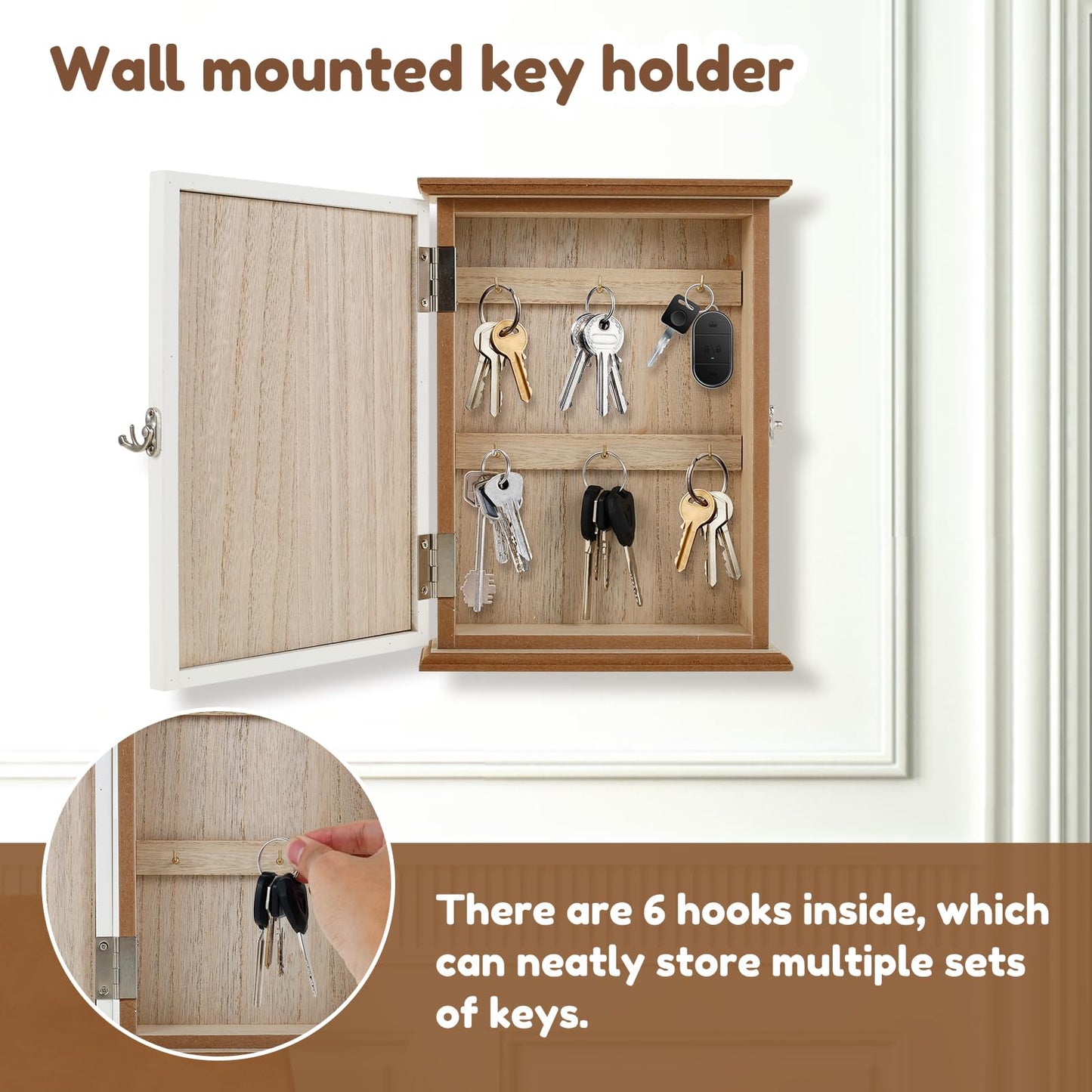 Kandishiex US Wooden Key Box Wall Mount Wooden Key Holder Decorative Wall Key Hanger with 6 Key Hooks Rustic Key Cabinet Key Organizer Entryway Key Holder for Wall Entryway Hallway(Style 1)