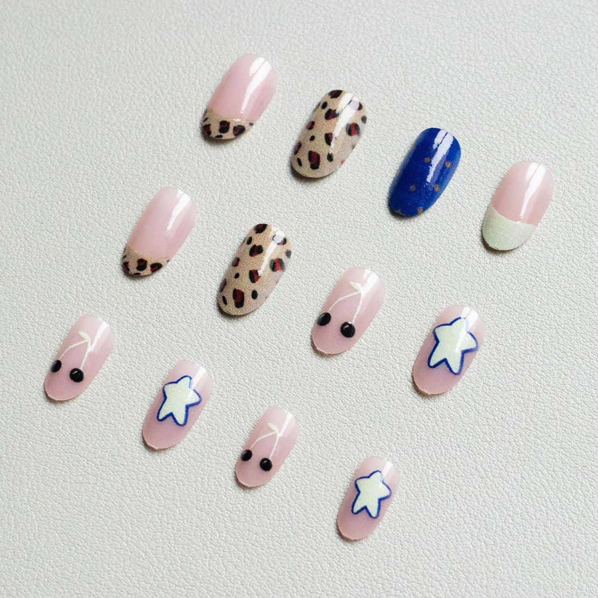 Blue Press on Nails Medium Oval Fake Nails French tip Nails Press ons with Polka Dot, Leopard, Star Design,Cute Reusable Artificial Nail Full Cover Stick on Nails for Women Manicure 24Pcs