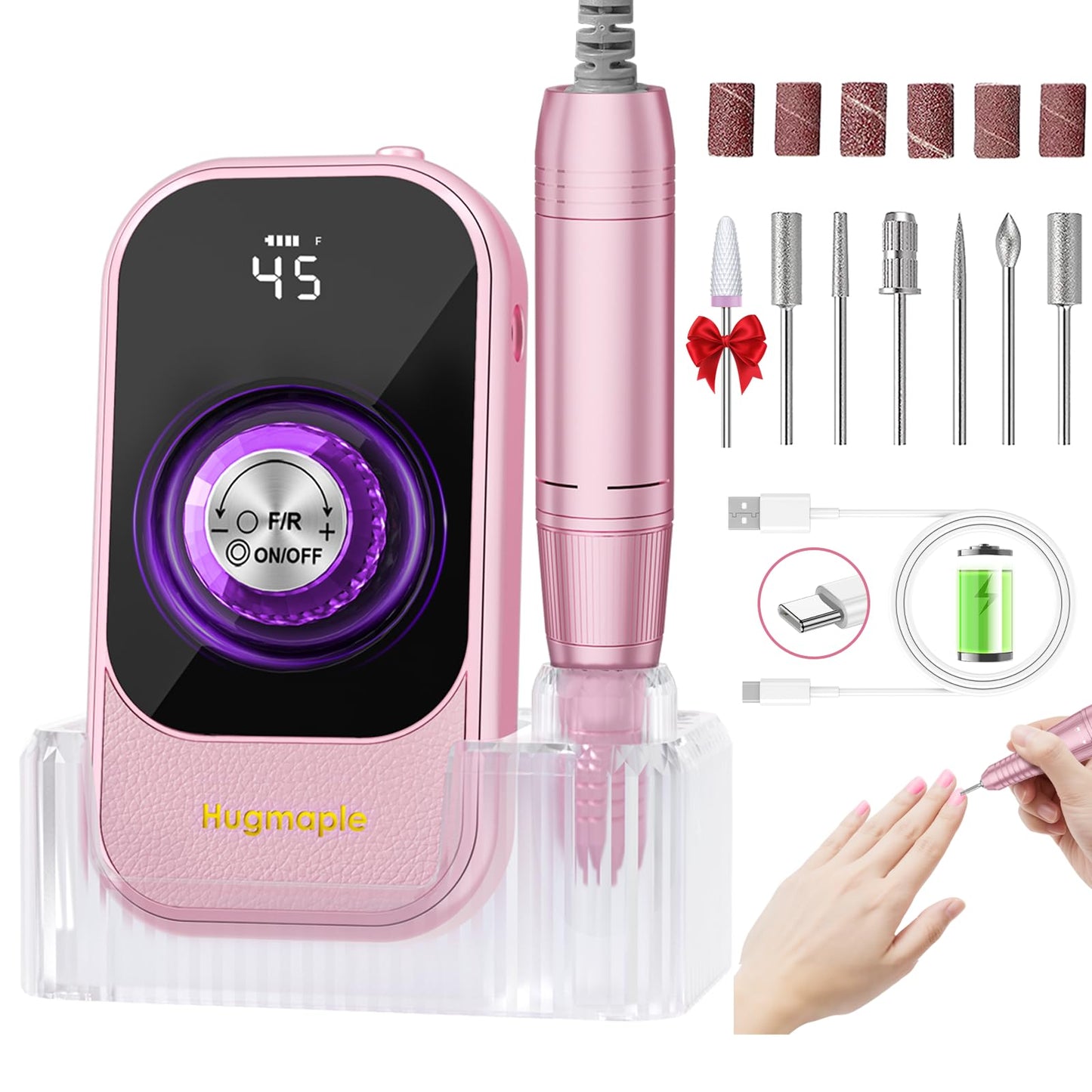 Professional Electric Nail Drill File, HUGMAPLE 45000RPM Portable E-File Machine with Bits & Base, Rechargeable Cordless Nail Drill Kit for Shaping, Removing & Polishing Gel Nails for Salon Home