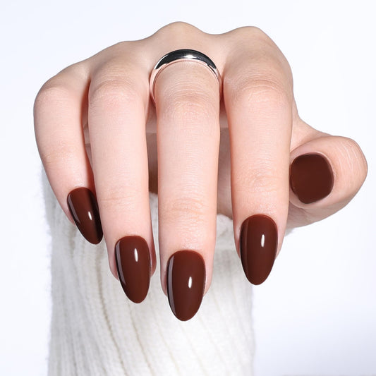 Brown Press On Nails Almond - Short Almond Fake Nails with Nail Glue, Dark Brown Press On Nails Reusable Stick On Nails in 16 Sizes 32 Nail Kit for Women & Girls | Salon Quality